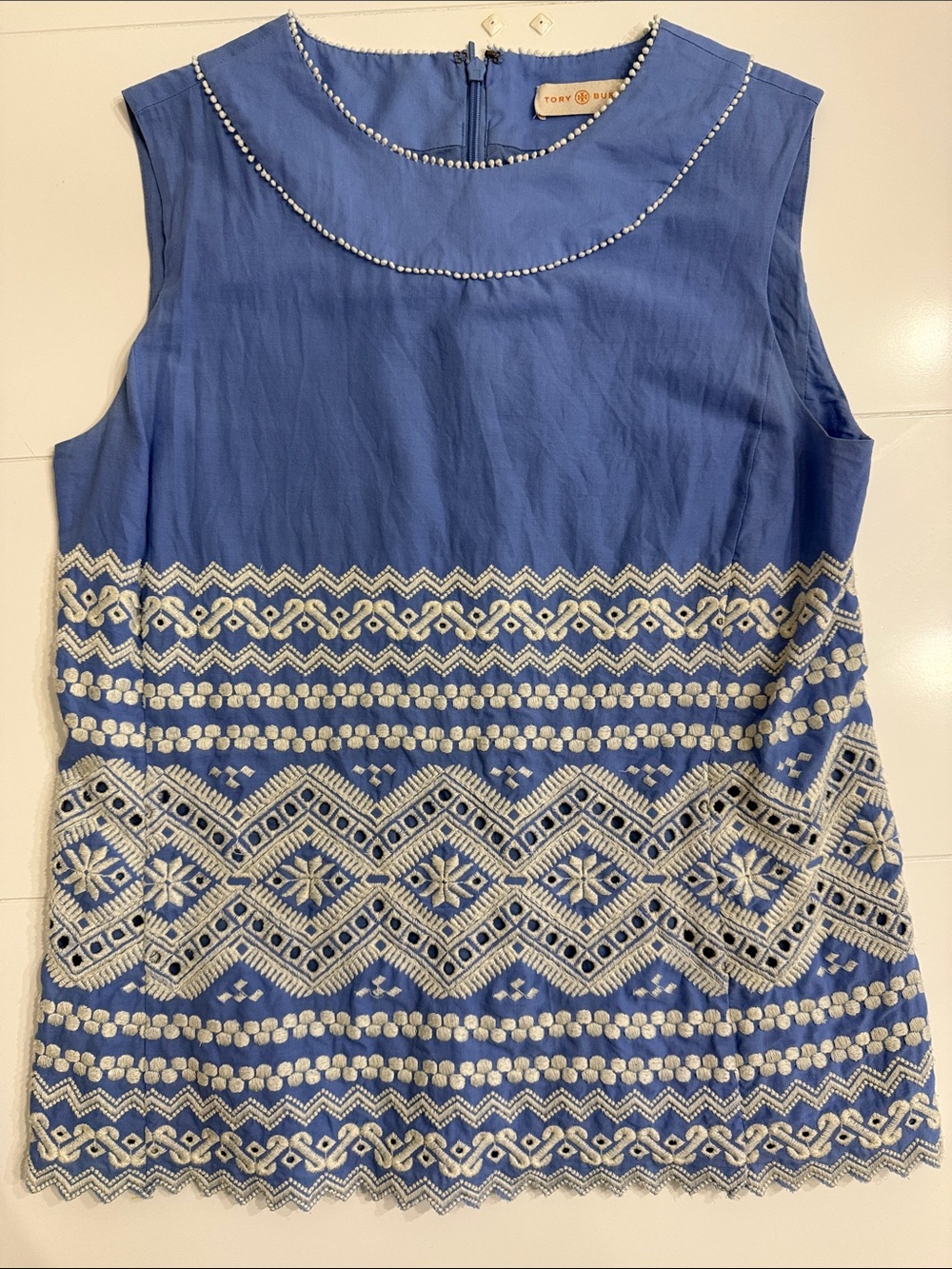 Tory Burch Cobalt Blue Sleeveless Embroidered Tee with White Pattern